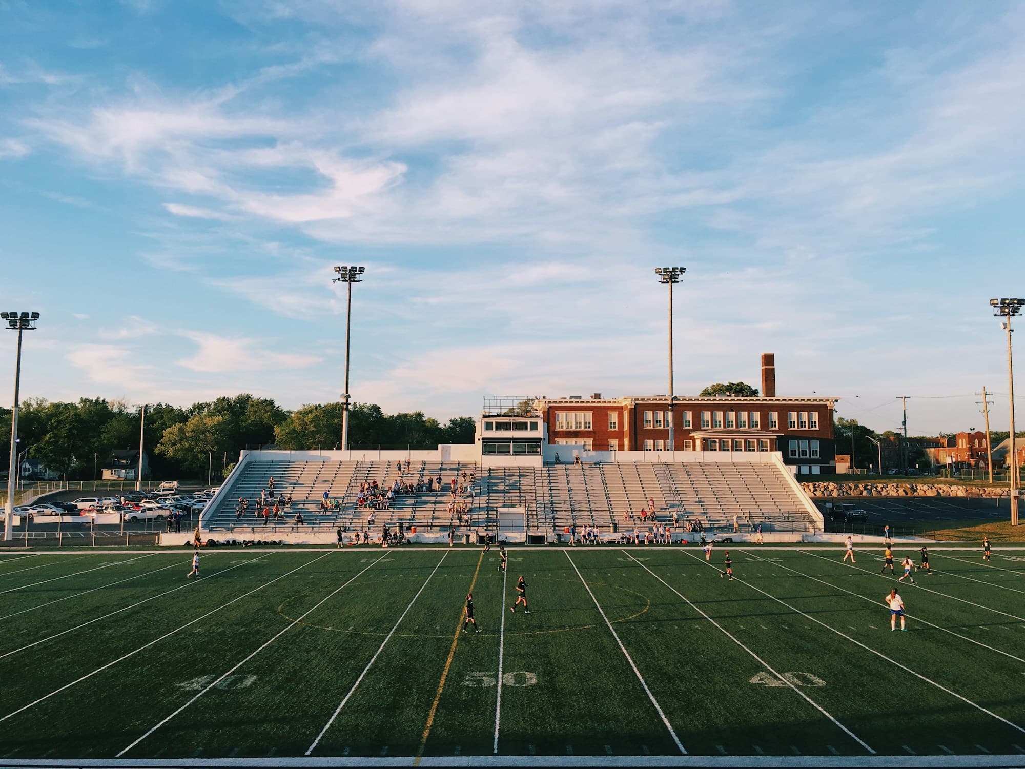 Football field and stadium bleachers